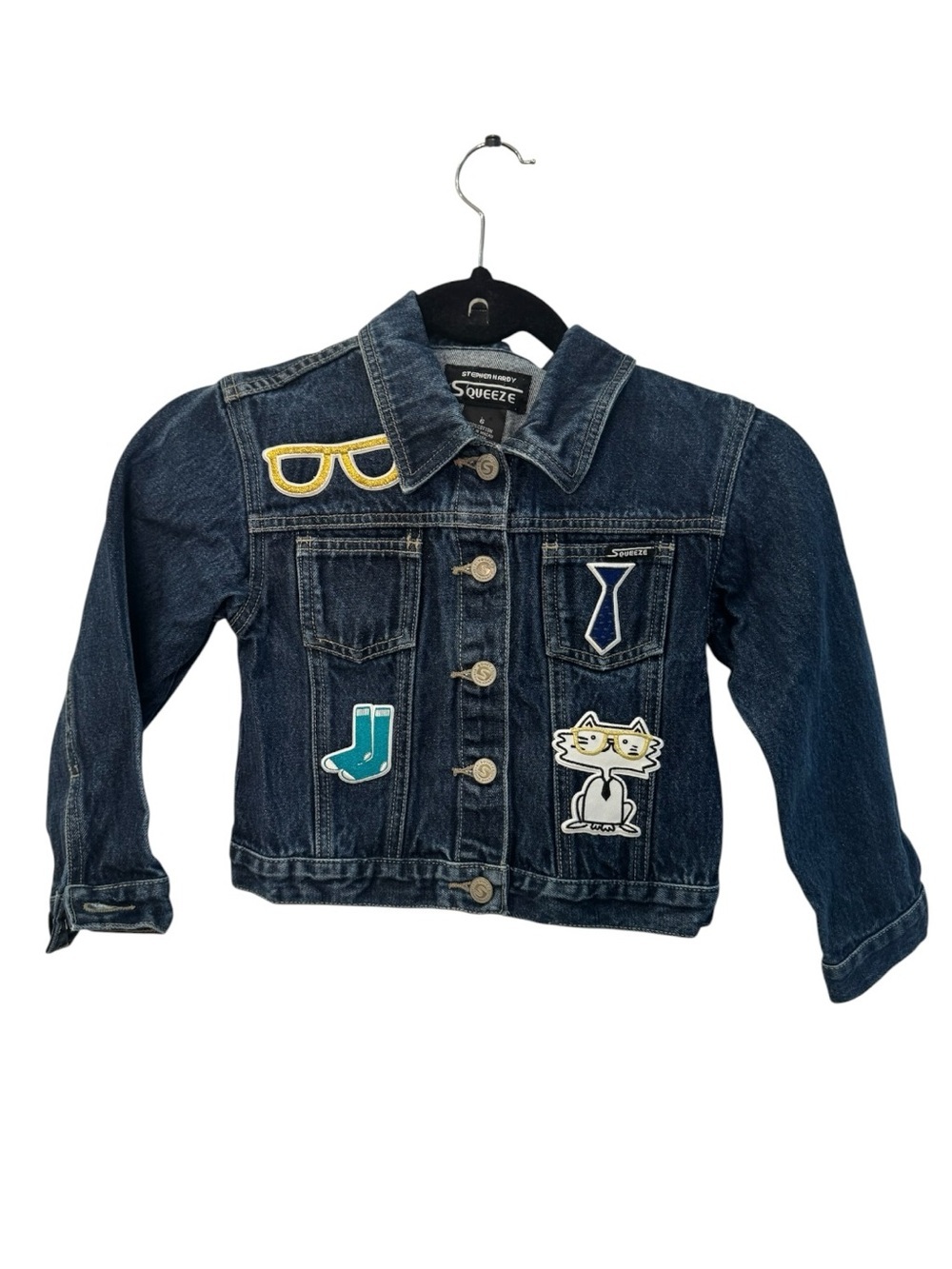 Stephen Hardy Squeeze denim jacket features playful embroidered patches kids 6